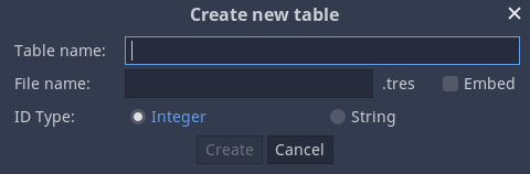 New Table Dialog